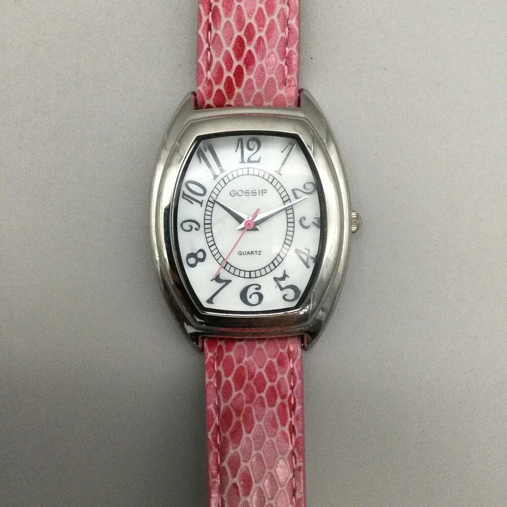 Gossip Womens Watch 31mm Silver Tone White Dial Pink Leather Tonneau New Battery